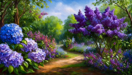 Obraz premium Lilacs and Hydrangeas Flanking Rustic Dirt Path, oil painting, rural, countryside, dreamscape, idyllic, story book