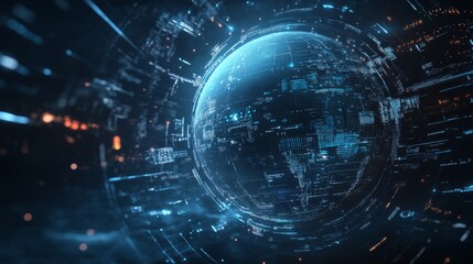 Futuristic Digital Globe with Neon Data Streams and Holographic Graphics