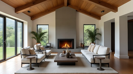 Fototapeta premium The sofa and armchairs are placed tastefully in the room with a fireplace surrounded by an arch ceiling in this modern setting.