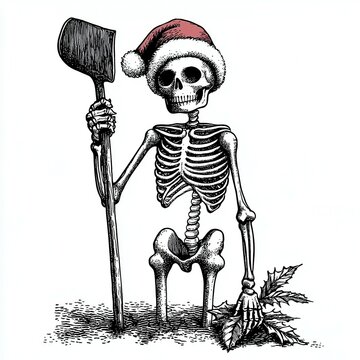 recommend clip art: Skeleton in a Santa hat with a shovel