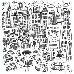 Fototapeta premium The artwork features an energetic urban landscape filled with unique buildings, lively street activity, and whimsical cars and characters. Generative AI