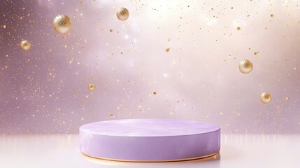 Futuristic purple podium with gold accents, set against a cosmic background with floating golden particles, ideal for luxury tech branding
