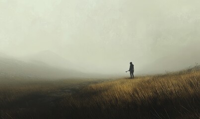A lone figure stands in a foggy field.