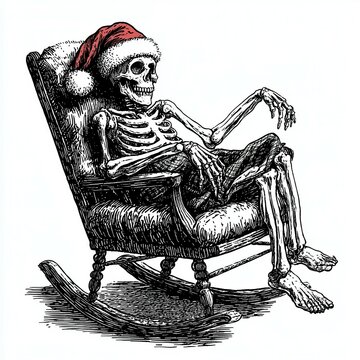 recommend clip art: Skeleton in a Santa hat on a rocking chair.