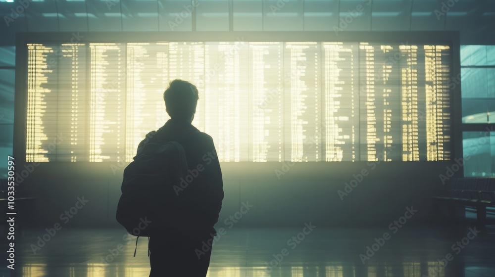 Poster traveler with a backpack checks the flight schedule in an airport terminal, waiting for adventure un
