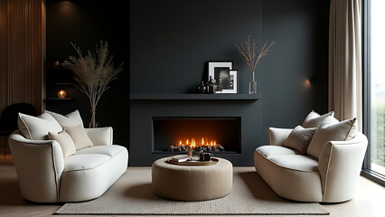The two plush sofas are situated cozily beside a fireplace, anchored by a sleek black wall and a decorative shelf above.