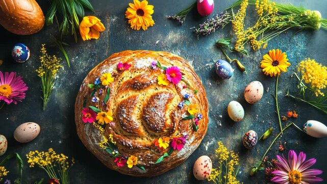 A freshly baked loaf of bread adorned with colorful flowers sits on a table surrounded by Easter eggs and spring blooms