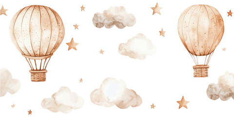 Watercolor hot air balloons, clouds, and stars in neutral colors on a white background