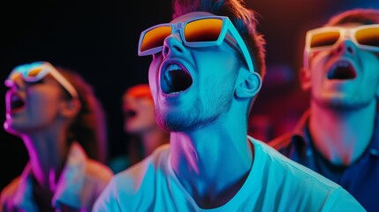 Fototapeta premium Youthful crowd enjoying a vibrant music festival at night while wearing bright sunglasses