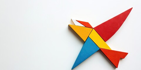 Colorful wooden tangram puzzle in the shape of a flying bird on a white background.