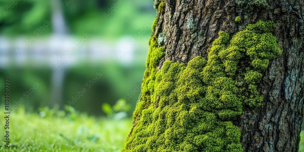 Fototapete Close-up view of a tree trunk completely covered in vibrant moss near the pond with ample copy space.