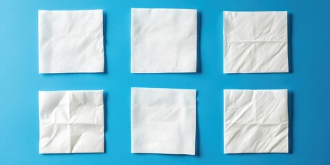 White square bar napkin isolated on a blue background. Blank paper napkin on blue with copy space. White napkin against a blue backdrop, various views of white napkins, blank mockup files.