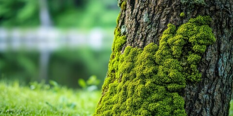 Close-up view of a tree trunk completely covered in vibrant moss near the pond with ample copy space.