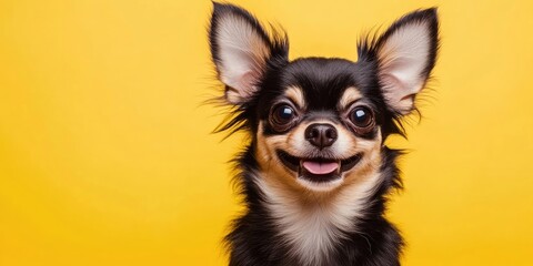Portrait of an adorable Chihuahua puppy. Small, smiling dog against a vibrant yellow background. Copyspace available for text.