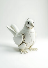 This robotic bird, crafted with precision and care, takes center stage on a pure white surface, waiting to be discovered.