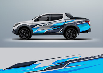 Obraz premium sporty car truck double cabin branding sport rally dakar touch of blue, mockup with racing wrap decal or livery design.