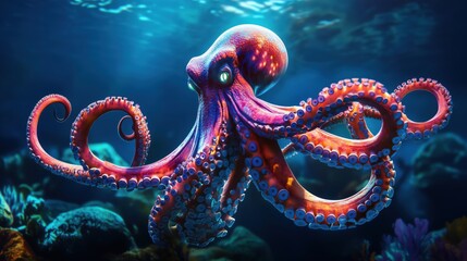 Colorful octopus swimming in ocean, vibrant tentacles, underwater scene