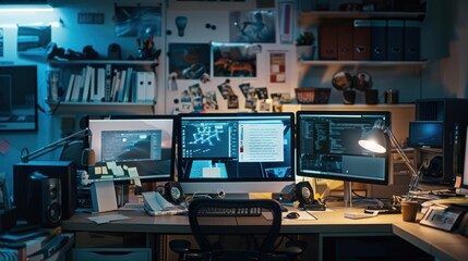 Well-lit office desk scene with three monitors and clutter shot with a wide-angle lens