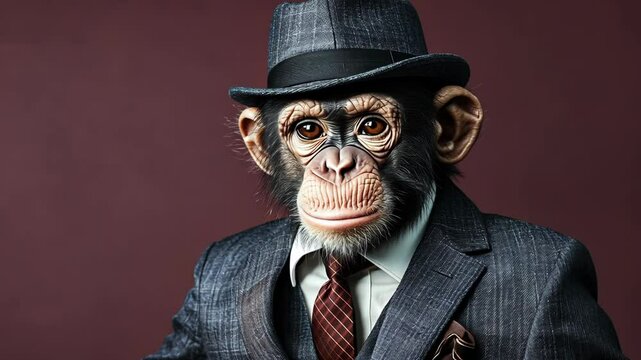 A chimpanzee dressed in a suit and hat looks directly at the camera