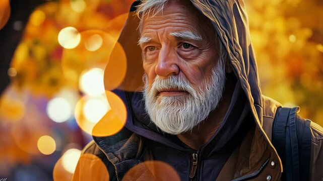 An older man with a white beard and hooded jacket walks past a street with bokeh lights