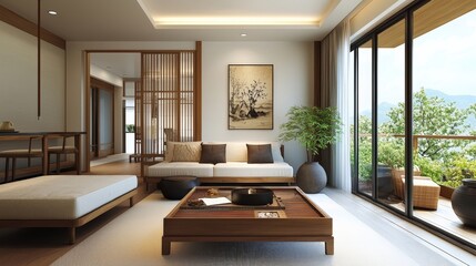Fototapeta premium Serene Feng Shui interior with thoughtfully arranged furniture and decor