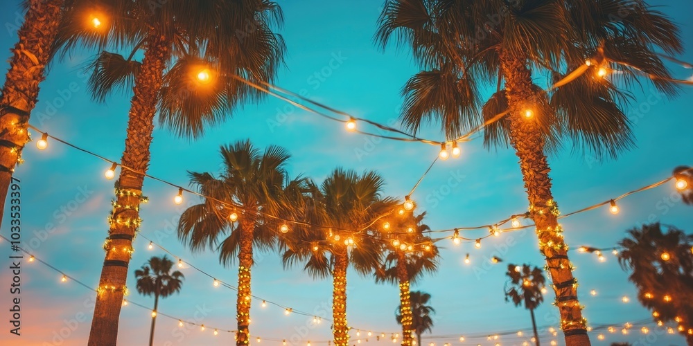 Poster close-up photo of palm trees with copy space evening beach street featuring tall palm trees adorned 
