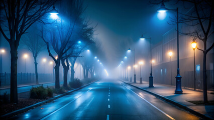 foggy, empty street with a dark blue