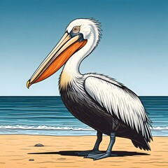 A line art drawing cute pelican cartoon style