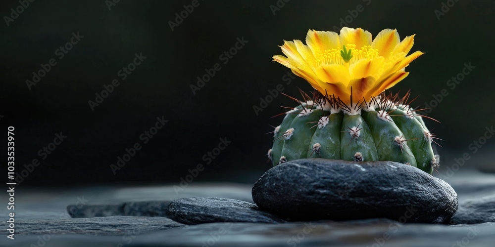 Poster astrophytum asterias type v is a variety of cactus. it features a blooming yellow flower on a black 