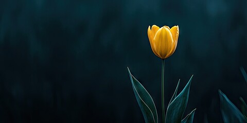 A solitary yellow tulip set against a dark backdrop, outside. Copy space. Macro.