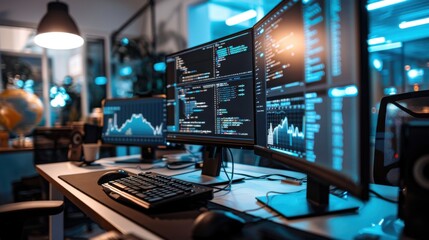 Multiple computer monitors displaying code and data in a modern office