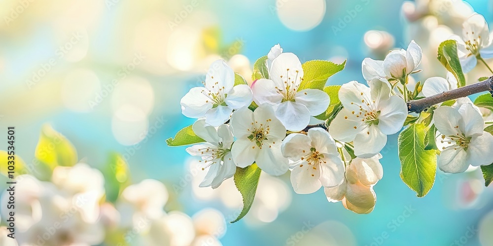 Poster apple tree branch with blossoms, blooming trees in spring.