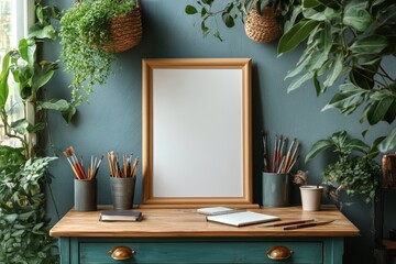 Stylish composition of artist workspace room with design retro teak commode, mock up poster frame, book, decoration and elegant accessories. Template, Generative AI