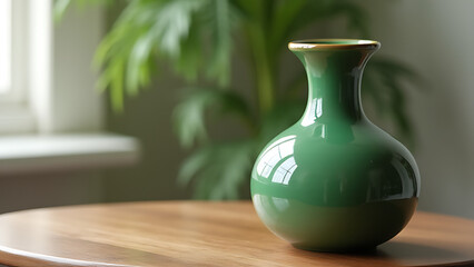 A close up shot captures a vibrant green ceramic vase sitting atop a wooden coffee table in a serene atmosphere.