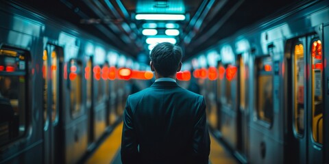 A professional businessman waiting for the subway, embodying the hustle and bustle of city life. This image reflects the modern urban lifestyle and the daily commute of professionals.