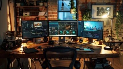 Modern Workstation with Multiple Monitors and Desk Lamp