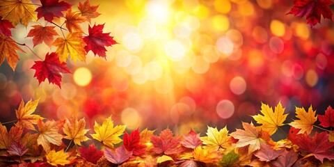 Bright autumn leaves in red and yellow with a glowing background. Banner, background for fall, Thanksgiving, harvest