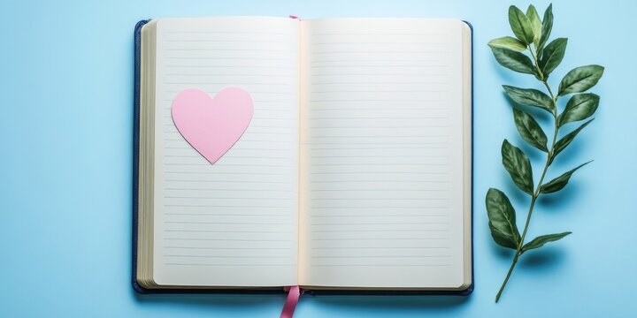 notebook with blank pages, paper pink heart, and diary copyspace