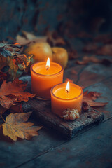I am burning candles on a wooden table in the dark, close-up, unusual illustration for romantic scenes.