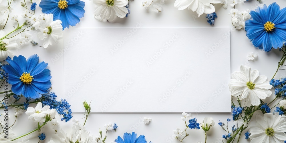Poster natural white and blue flowers surround a rectangular white sheet of paper. this serves as a templat