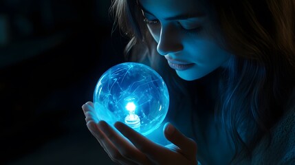 Naklejka premium Woman Holding a Glowing Blue Orb with a Light Bulb Inside