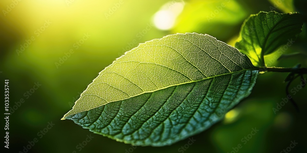 Aufkleber Close-up macro view of a green leaf in the garden under sunlight, featuring copy space for use as a natural concept or wallpaper.