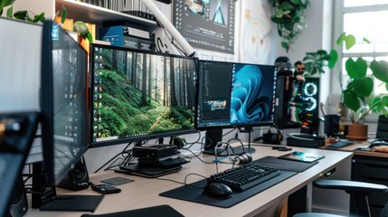 Modern Home Office Workspace with Multiple Monitors