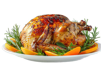 A beautifully decorated whole roast chicken on a white plate, isolated against a white background