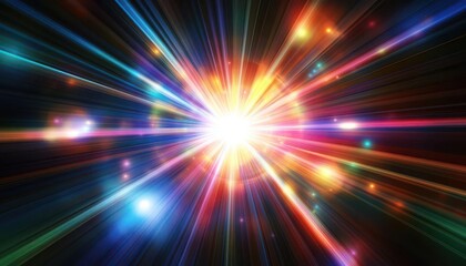 A central burst of light with colorful lens flares, scattering beams across a dark background, full of motion and energy