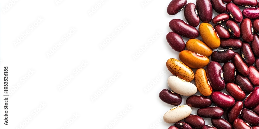 Poster kidney beans and red beans stacked on a white background, viewed from above with copy space.