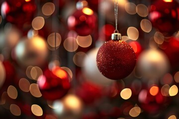 Fototapeta premium Beautiful red and gold Christmas ornaments stand out against a bokeh background, perfect for festive holiday celebrations filled with joy and merriment. Sparkle and shine with cheerful spirit