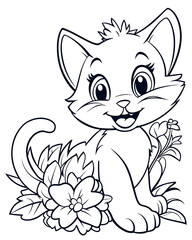Obraz premium A cute cartoon cat is sitting in a field of flowers. The cat is smiling and looking up at the camera. The flowers are colorful and vibrant, adding a cheerful and playful atmosphere to the scene
