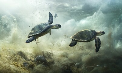 Obraz premium Two sea turtles swim through cloudy water.
