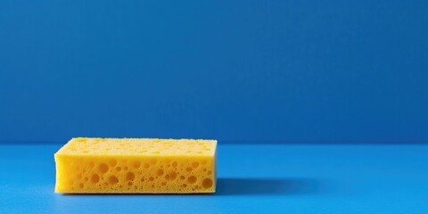 Yellow porous sponge for cleaning and washing dishes set against a blue background with copy space. Homework theme.